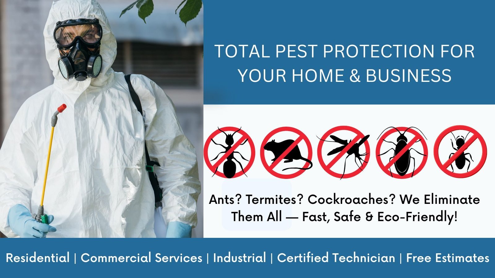 Blue and Red Pest Control Service Banner (1920 x 1080 px)